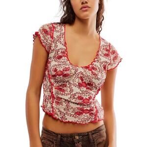 Free People Boho Mixed Media Patterned Ditzy Floral Red Blouse Top Size Small